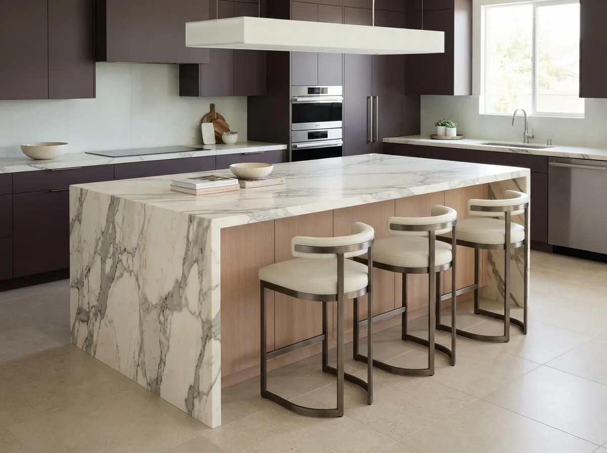 Custom kitchen island with waterfall countertop